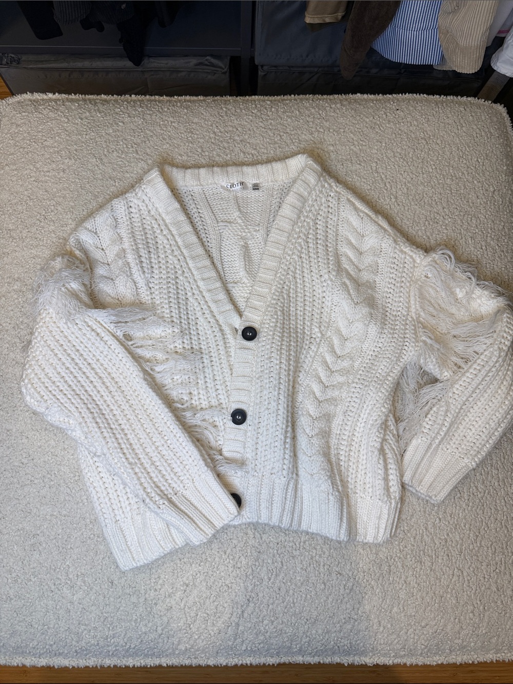 Cable-Knit Fringe Button Cardigan - Cream